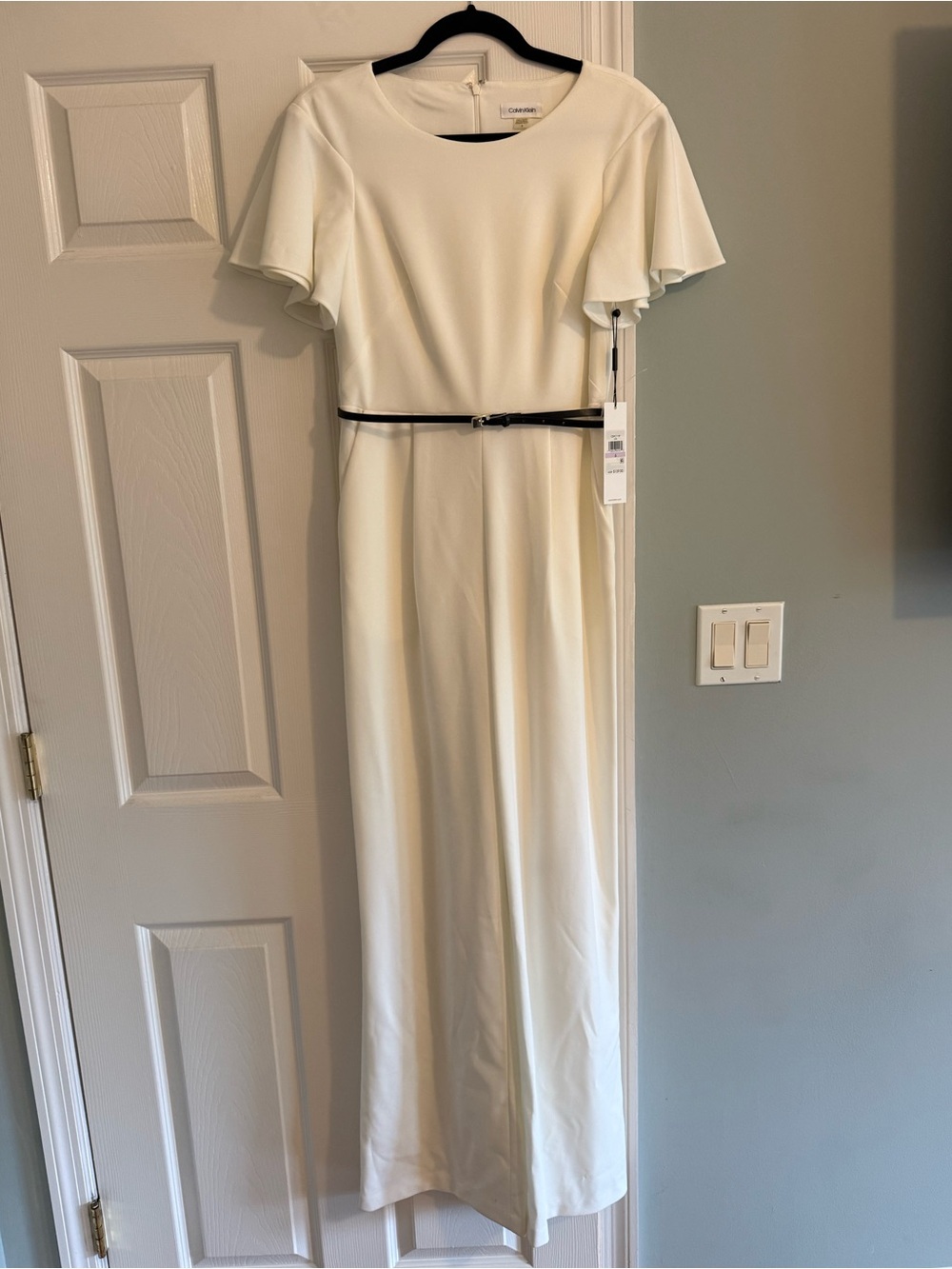NWT Calvin Klein Cream Jumpsuit with Flutter Sleeves and Slim Black Belt